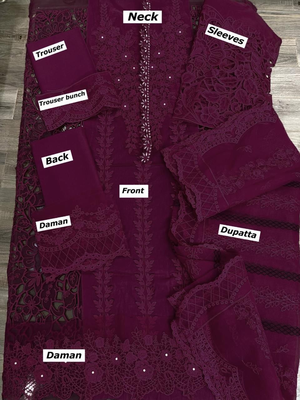 Premium 3 Piece Unstitched Cotton Embroidered Suit Luxury Organza Dupatta