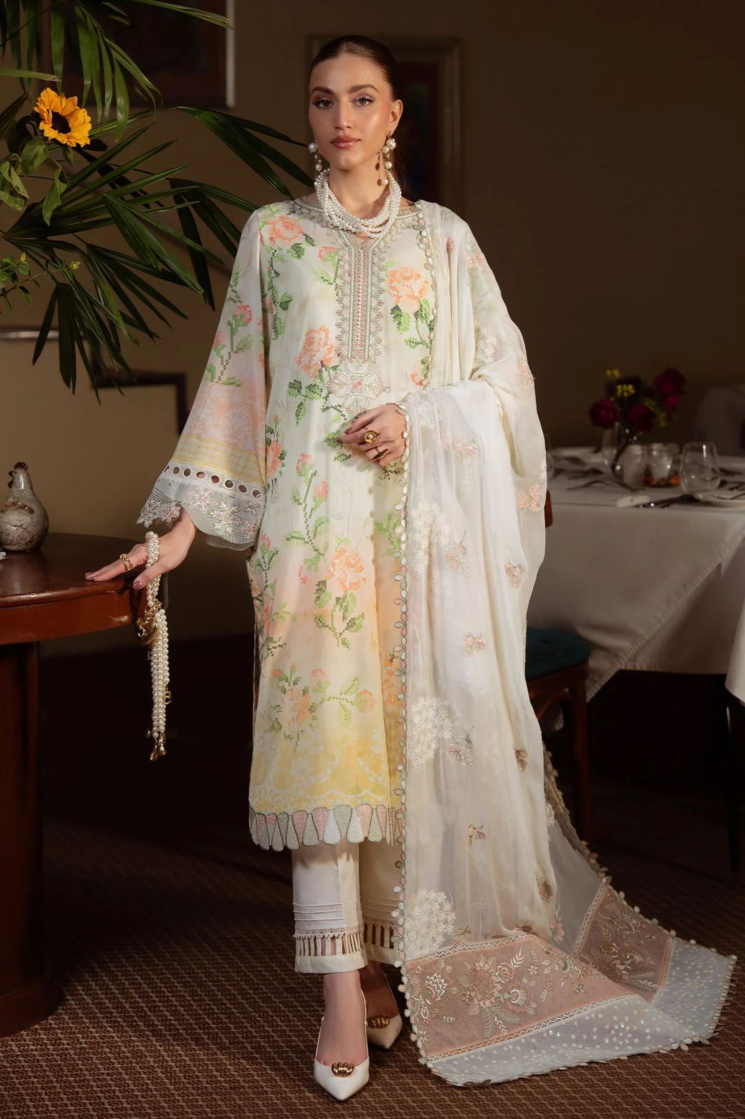 Premium 3 Piece Unstitched Suit with Heavy Embroidered Shiffon Dupatta
