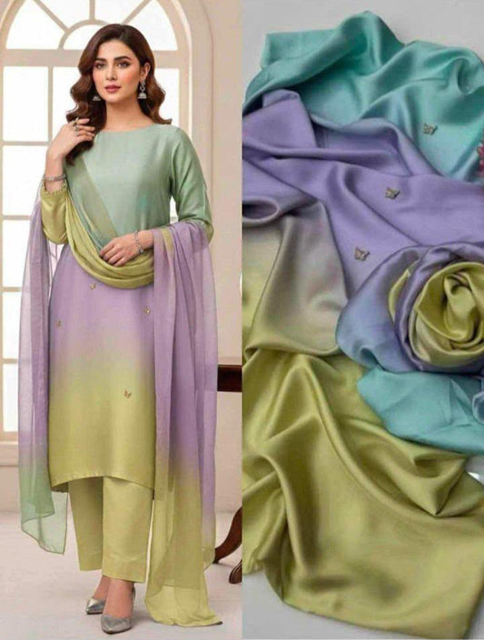 3 Piece Unstitched Silk Suit with Digital Printed Dupatta