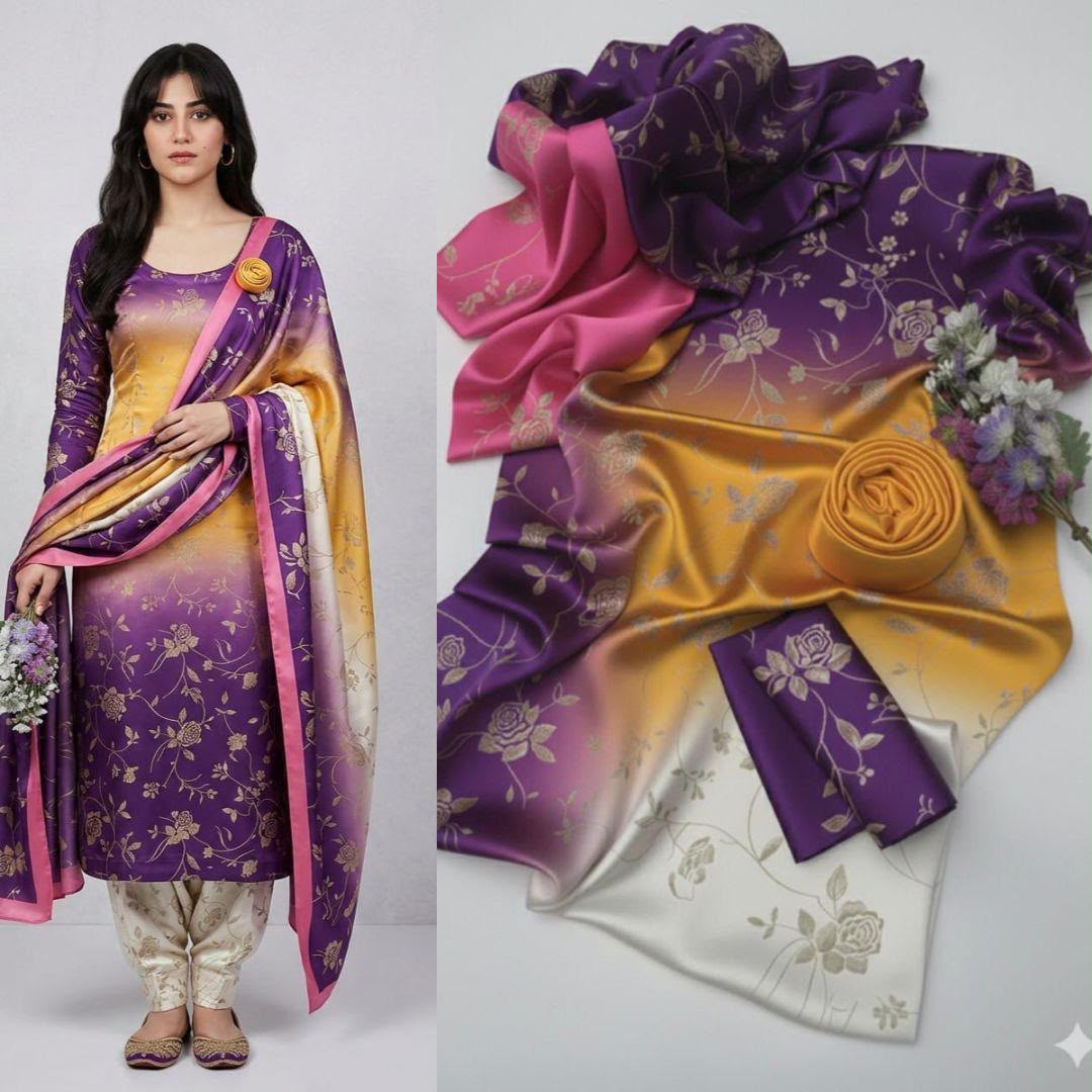 3 Piece Unstitched Silk Suit with Digital Printed Dupatta