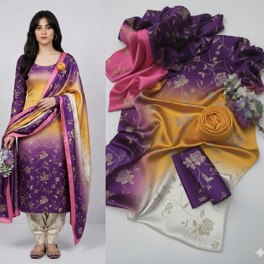 3 Piece Unstitched Silk Suit with Digital Printed Dupatta