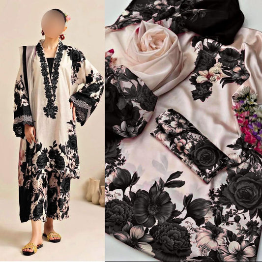 3 Piece Unstitched Silk Suit with Digital Printed Dupatta