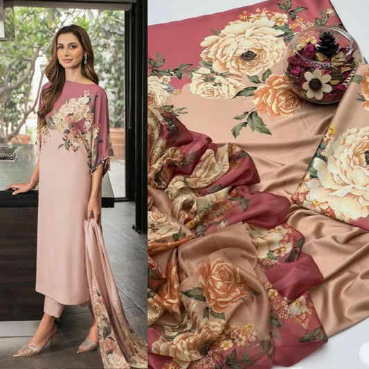 3 Piece Unstitched Silk Suit with Digital Printed Dupatta