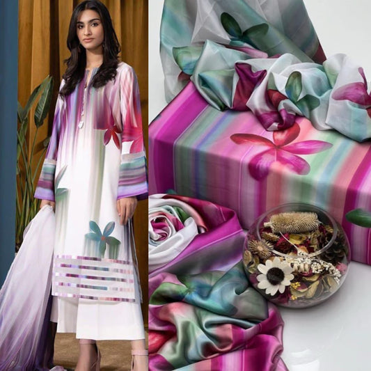 3 Piece Unstitched Silk Suit with Digital Printed Dupatta