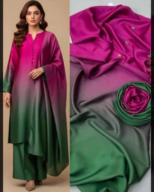 3 Piece Unstitched Silk Suit with Digital Printed Dupatta