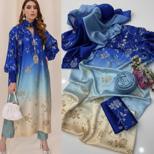 3 Piece Unstitched Silk Suit with Digital Printed Dupatta