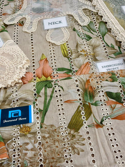 Premium 3 Piece Unstitched Embroidered Suit with Shiffon Embroidered Dupatta