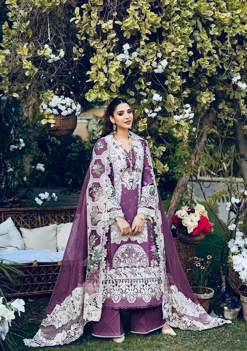 Premium 3 Piece Unstitched Embroidery Suit with Khaddi Net Embroidered Dupatta