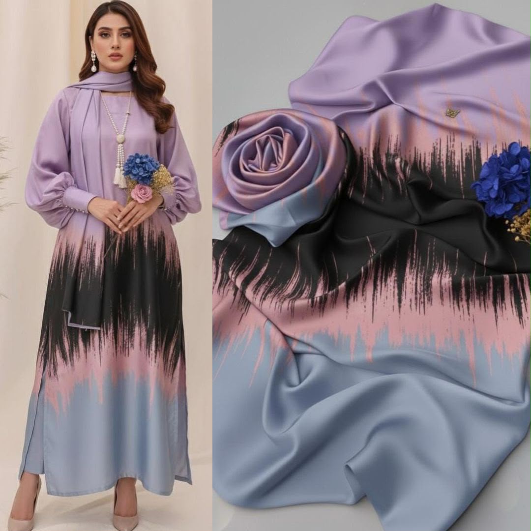 3 Piece Unstitched Silk Suit with Digital Printed Dupatta