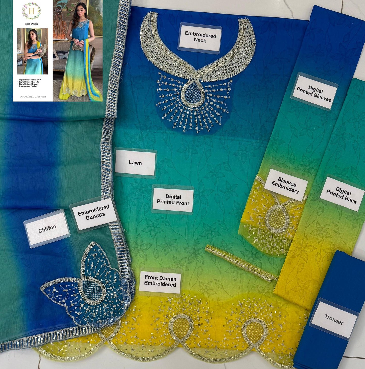 Premium 3 Piece Unstitched Embroidered Suit with Bamber Chiffon Dupatta