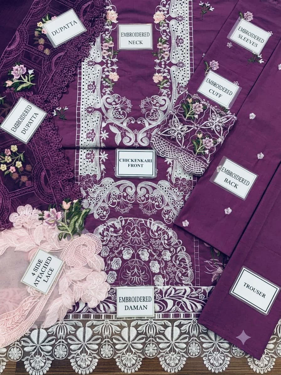 Premium 3 Piece Unstitched Embroidery Suit with Khaddi Net Embroidered Dupatta
