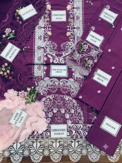 Premium 3 Piece Unstitched Embroidery Suit with Khaddi Net Embroidered Dupatta