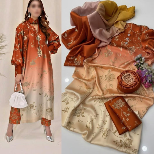 3 Piece Unstitched Silk Suit with Digital Printed Dupatta