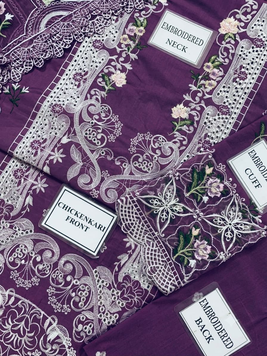 Premium 3 Piece Unstitched Embroidery Suit with Khaddi Net Embroidered Dupatta