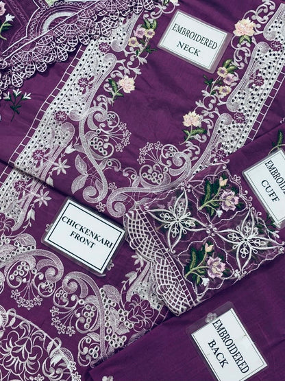 Premium 3 Piece Unstitched Embroidery Suit with Khaddi Net Embroidered Dupatta