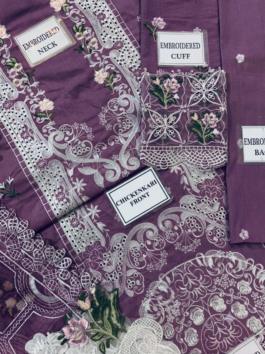 Premium 3 Piece Unstitched Embroidery Suit with Khaddi Net Embroidered Dupatta