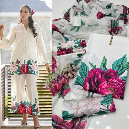 3 Piece Unstitched Silk Suit with Digital Printed Dupatta