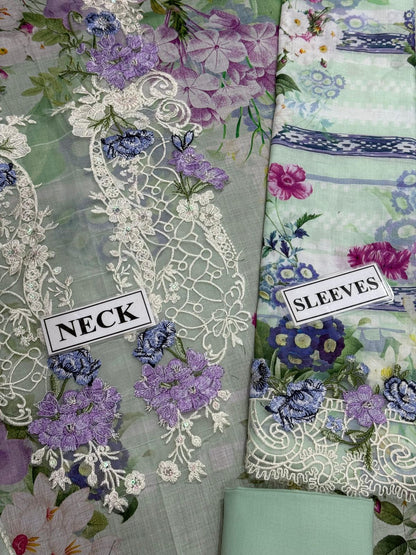 Premium 3 Piece Unstitched Suit with Printed Silk Dupatta