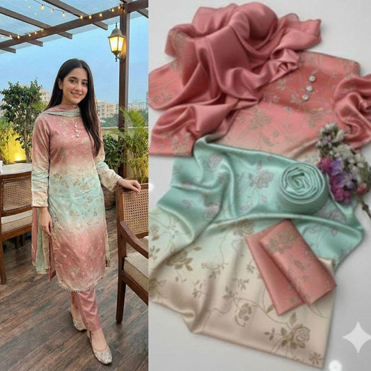 3 Piece Unstitched Silk Suit with Digital Printed Dupatta