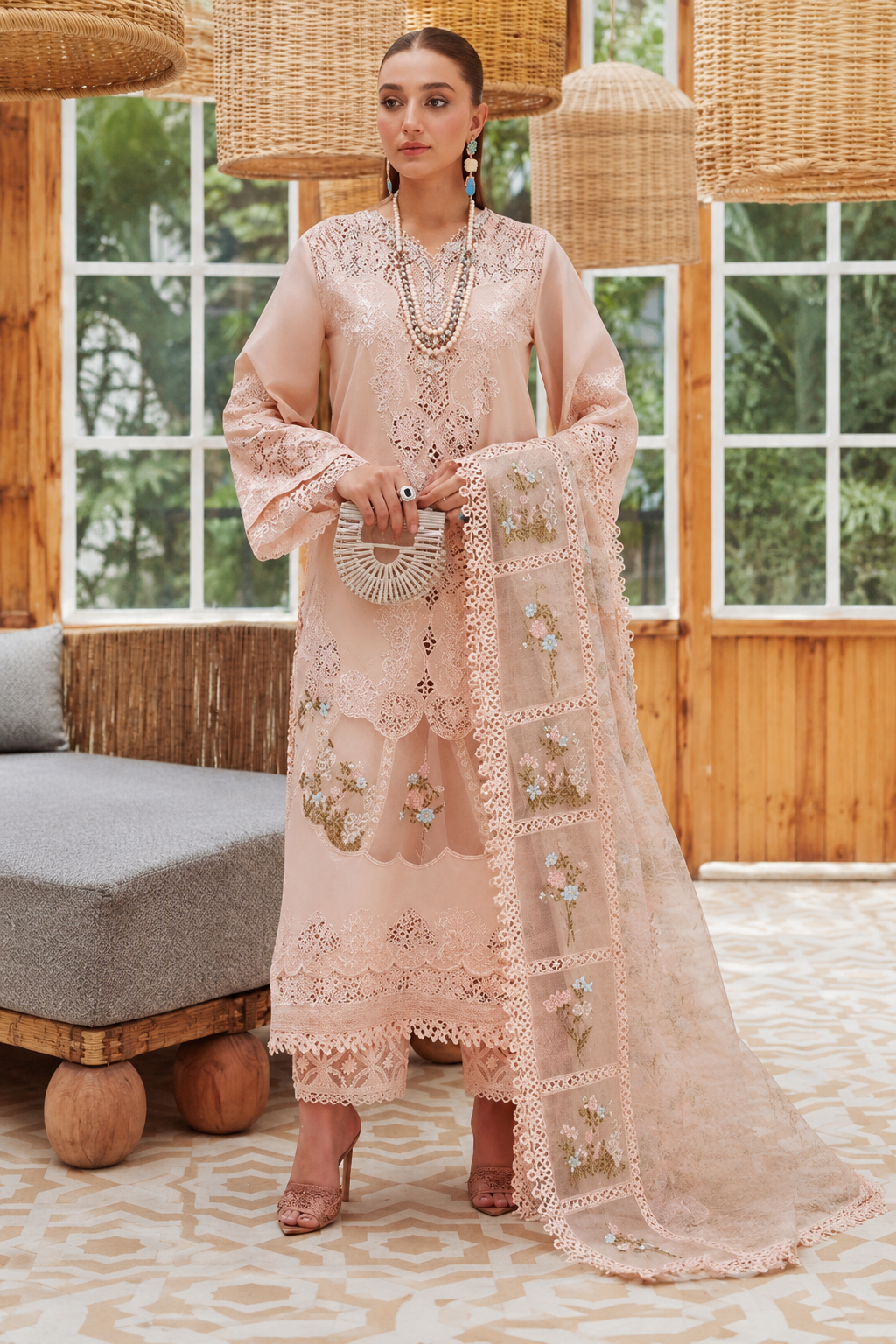 3 Piece Unstitched Chikankari Embroidered Cotton Suit with Organza Silk Dupatta
