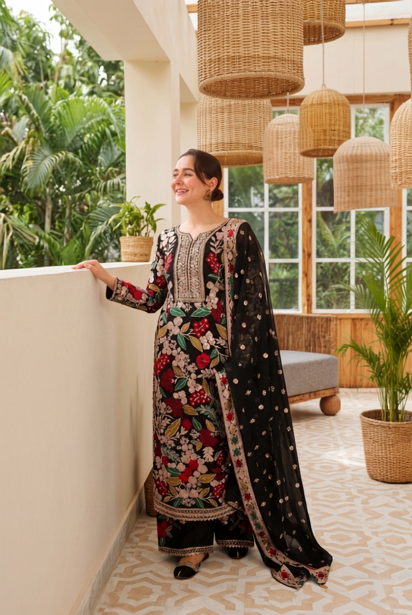3 Piece Unstitched Embroidery Chiffon Suit with Embroidered Chiffon Dupatta & Malai Trouser