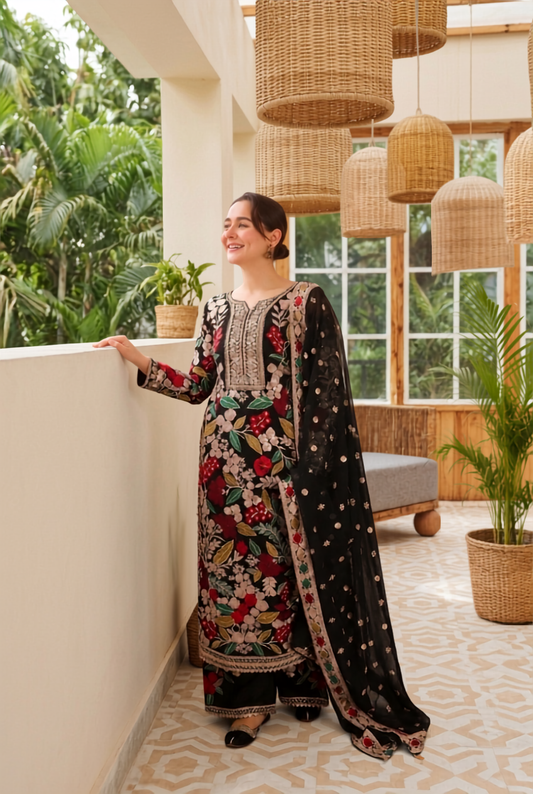 3 Piece Unstitched Embroidery Chiffon Suit with Embroidered Chiffon Dupatta & Malai Trouser