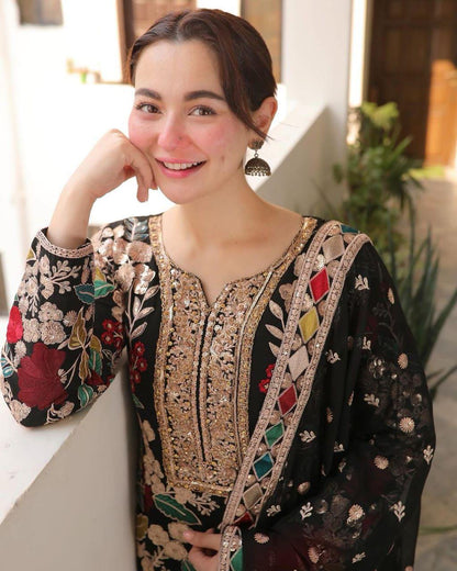 3 Piece Unstitched Embroidery Chiffon Suit with Embroidered Chiffon Dupatta & Malai Trouser
