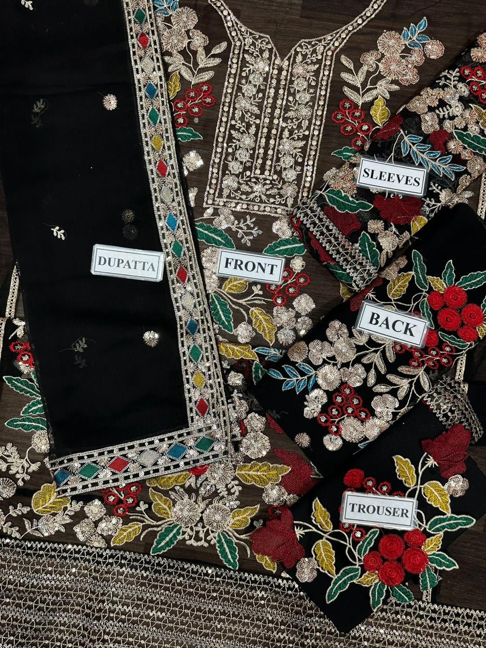 3 Piece Unstitched Embroidery Chiffon Suit with Embroidered Chiffon Dupatta & Malai Trouser