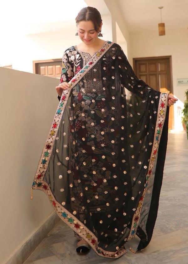 3 Piece Unstitched Embroidery Chiffon Suit with Embroidered Chiffon Dupatta & Malai Trouser