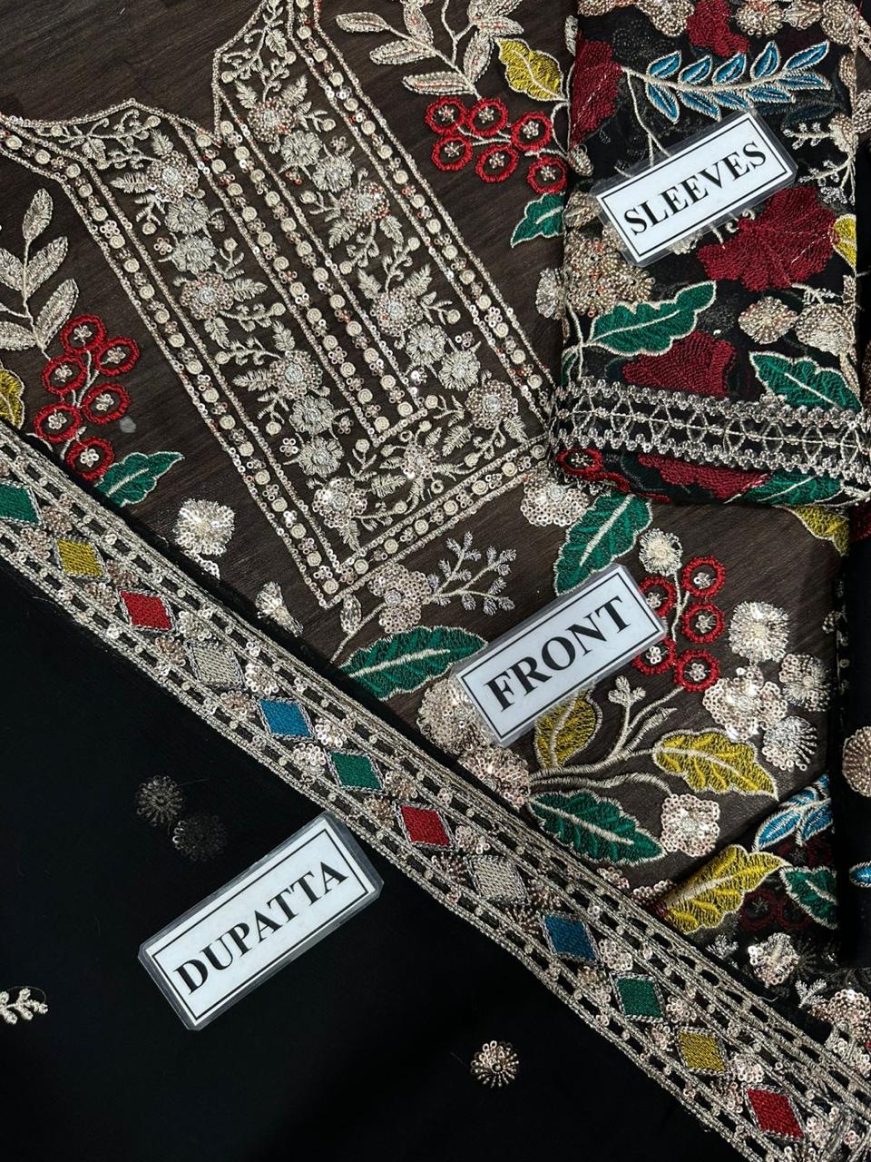 3 Piece Unstitched Embroidery Chiffon Suit with Embroidered Chiffon Dupatta & Malai Trouser