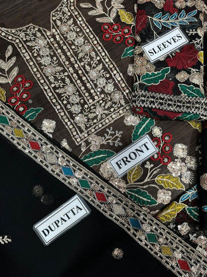3 Piece Unstitched Embroidery Chiffon Suit with Embroidered Chiffon Dupatta & Malai Trouser
