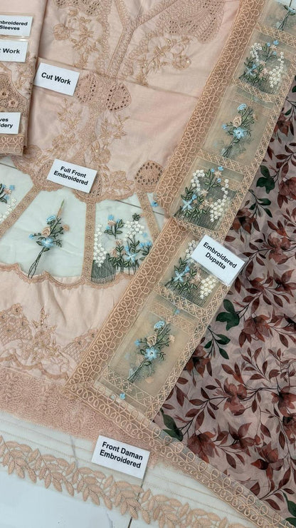 3 Piece Unstitched Chikankari Embroidered Cotton Suit with Organza Silk Dupatta