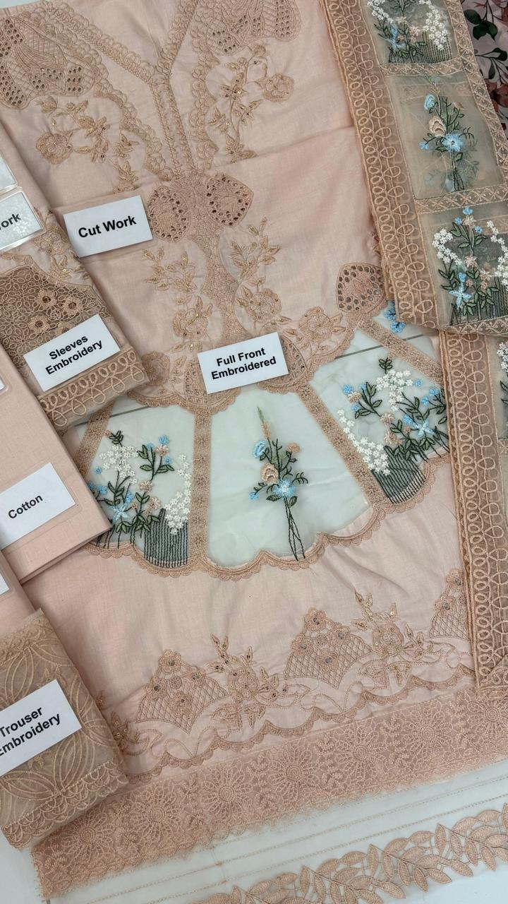 3 Piece Unstitched Chikankari Embroidered Cotton Suit with Organza Silk Dupatta