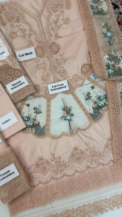 3 Piece Unstitched Chikankari Embroidered Cotton Suit with Organza Silk Dupatta