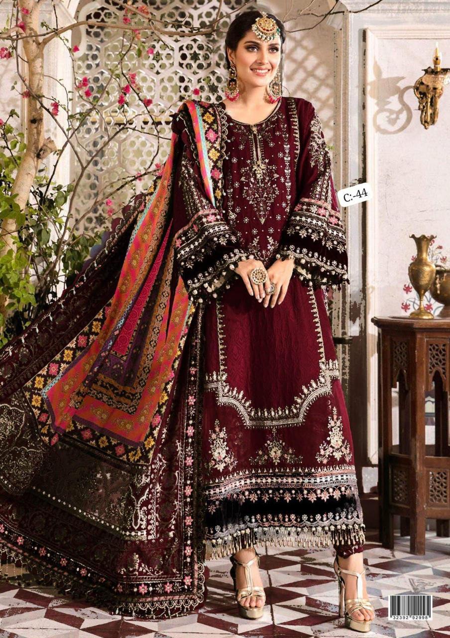 3 Piece Unstitched Embroidery Chiffon Suit with Digital Silk Dupatta & Jamawar Trouser