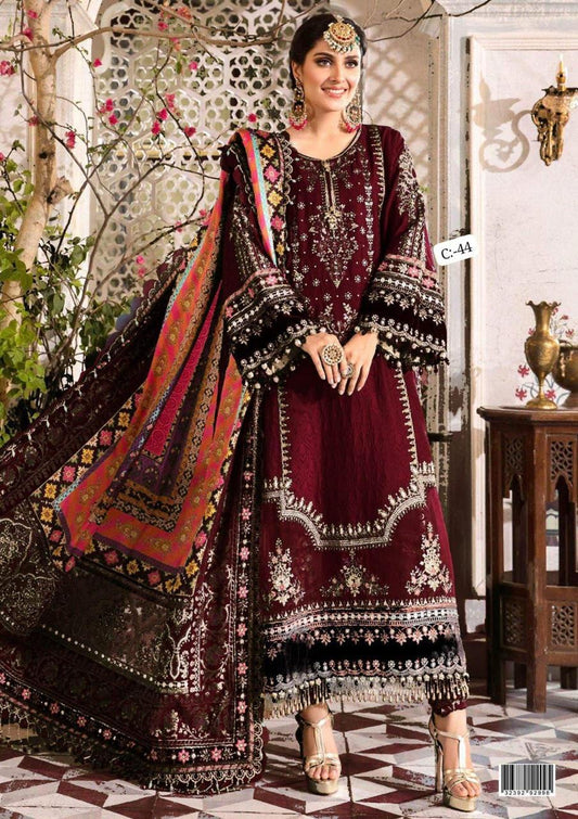 3 Piece Unstitched Embroidery Chiffon Suit with Digital Silk Dupatta & Jamawar Trouser