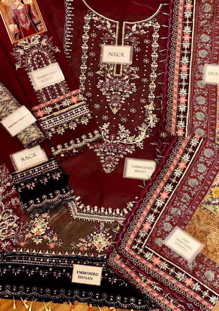 3 Piece Unstitched Embroidery Chiffon Suit with Digital Silk Dupatta & Jamawar Trouser