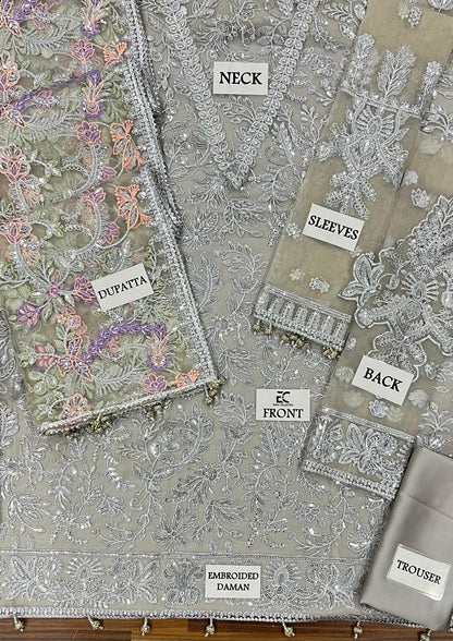 3 Piece Unstitched Net Suit with Ready-to-Wear Embroidered Dupatta, Sharmoz Silk Inner & Trouser