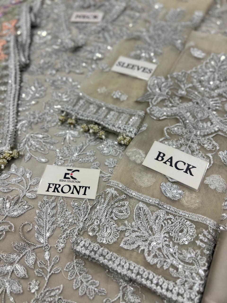 3 Piece Unstitched Net Suit with Ready-to-Wear Embroidered Dupatta, Sharmoz Silk Inner & Trouser