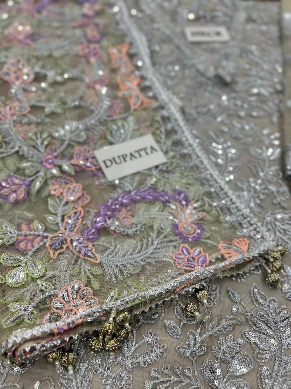 3 Piece Unstitched Net Suit with Ready-to-Wear Embroidered Dupatta, Sharmoz Silk Inner & Trouser