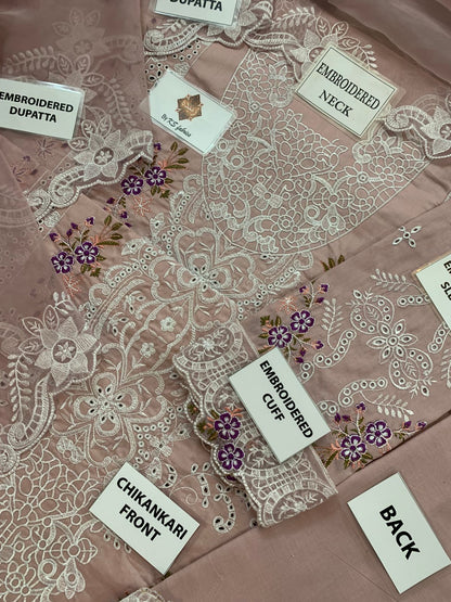 Premium 3 Piece Unstitched Embroidery Suit with Heavy Embroidered Organza Dupatta