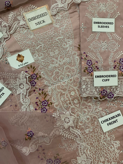 Premium 3 Piece Unstitched Embroidery Suit with Heavy Embroidered Organza Dupatta